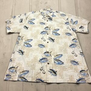 Guy Harvey Button Down Shirt Men 2X Cream Fish Print Cotton Short Sleeve Tuna